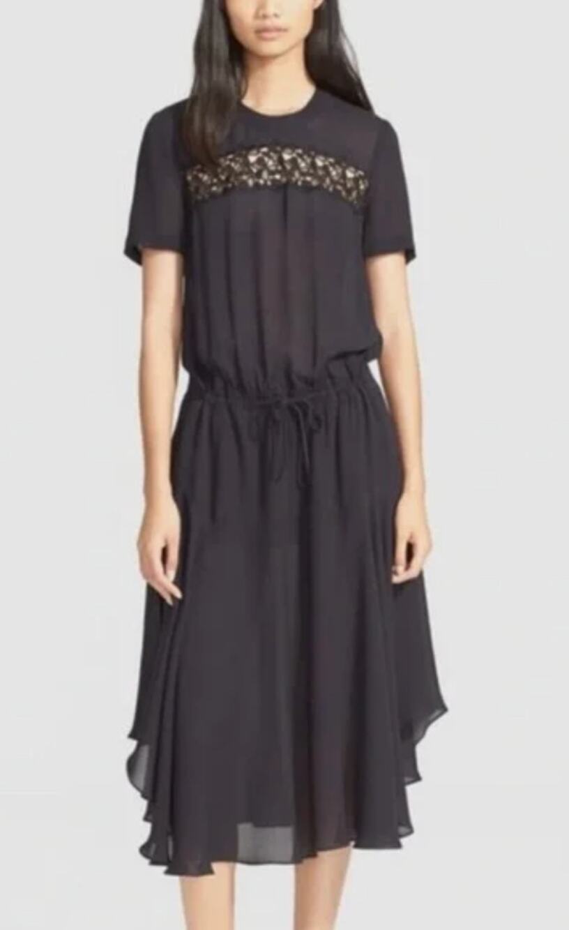A.L.C. ALC Silk Drawstring Waist Midi Dress in Navy & Black Lace Size 12